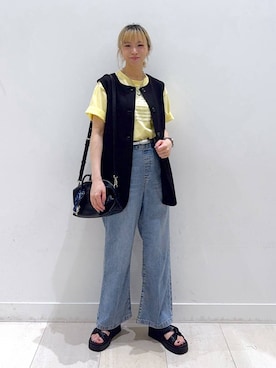 「GLOBAL WORK（グローバルワーク）のGOODデニムイージーパンツ/COOL/636569（デニムパンツ、ブルー系）」を使った、Miyaさん（レディース・152cm）の夏コーディネート