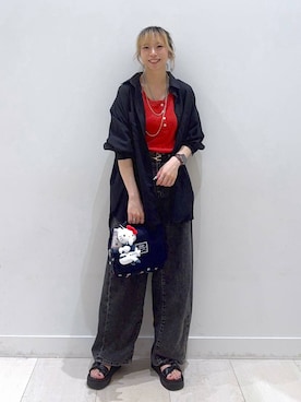 「GLOBAL WORK（グローバルワーク）のリバーシブルビットベルト/250477（ベルト、ブラック系）」を使った、Miyaさん（レディース・152cm）の夏コーディネート
