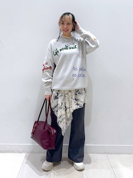 「ウエストゴム」｜「アイテム（アクセサリー）」を使った、Miyaさん（レディース・152cm）の秋コーディネート