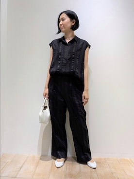 「qualite（カリテ）の【セットアップ対応】キュプラストライプパンツ（その他パンツ）」を使った、Chieさん（レディース・164cm）の夏コーディネート