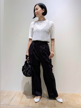 「qualite（カリテ）の【セットアップ対応】キュプラストライプパンツ（その他パンツ）」を使った、Chieさん（レディース・164cm）の夏コーディネート