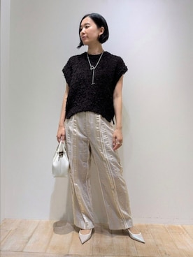 「qualite（カリテ）の【セットアップ対応】キュプラストライプパンツ（その他パンツ）」を使った、Chieさん（レディース・164cm）の夏コーディネート