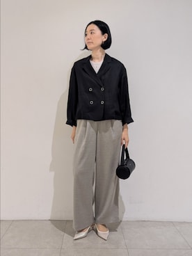 「qualite（カリテ）のﾘﾈﾝｼｮｰﾄｼﾞｬｹｯﾄ（テーラードジャケット、ブラック系）」を使った、Chieさん（レディース・164cm）の夏コーディネート