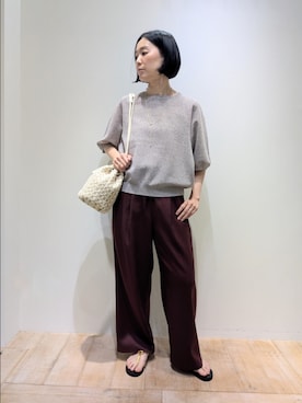 「qualite（カリテ）のﾀｯｾﾙ巾着ﾊﾞｯｸ（トートバッグ、ホワイト系）」を使った、Chieさん（レディース・164cm）の夏コーディネート