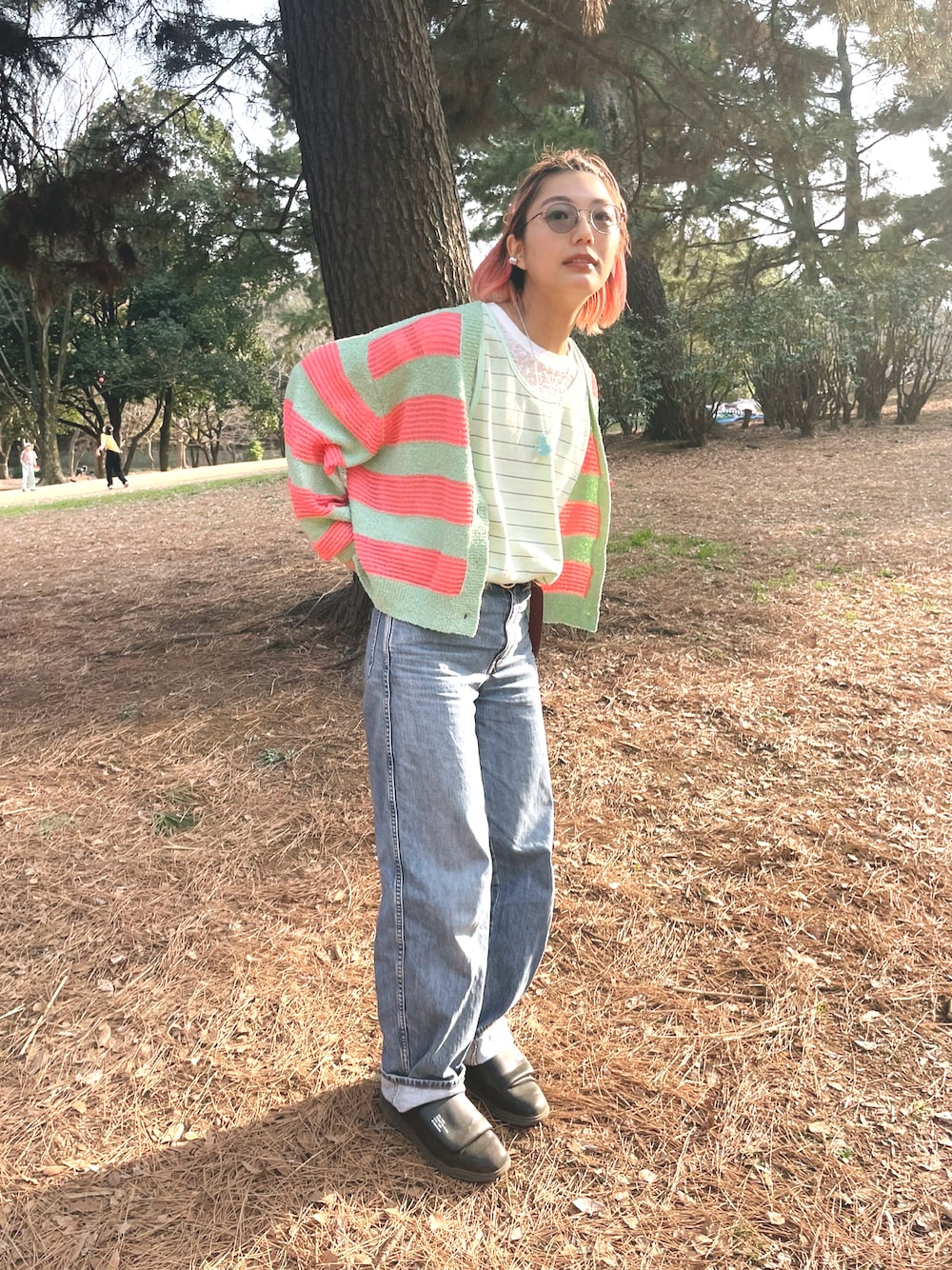 「お花見、ピクニック、春色、アクティブ、810S、HCAE、ボーダーカーディガン、ピンクヘアー、ハイトーンボブ」｜「HCAEのアイテム（カーディガン/ボレロ、ピンク系）」を使った、ramunechocoさん（レディース・164cm）の春コーディネートの1枚目の写真