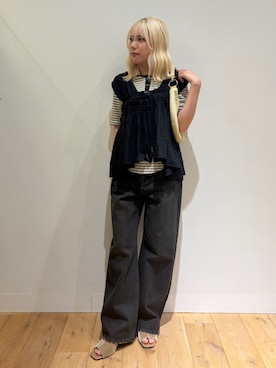 「SENSE OF PLACE by URBAN RESEARCH(センスオブプレイスバイアーバンリサーチ)のストレートレッグデニム(その他パンツ、ブラック系)」を使った、nahoさん(レディース・150cm)の夏コーディネート