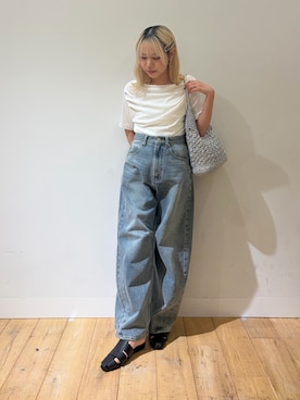 「SENSE OF PLACE by URBAN RESEARCH(センスオブプレイスバイアーバンリサーチ)のシアードレープトップ(半袖)(Tシャツ/カットソー、ホワイト系)」を使った、nahoさん(レディース・150cm)の夏コーディネート