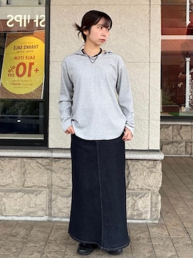 「SHIPS Colors（シップス カラーズ）の〈手洗い可能〉TC ワッフル フーディー トップス◇（Tシャツ/カットソー、グレー系）」を使った、松原さん（レディース・153cm）の秋コーディネート