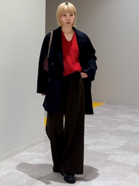 「アイテム（チェスターコート、ブルー系）」を使った、松原さん（レディース・153cm）の秋コーディネート