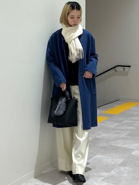 「マフラー」｜「アイテム（ノーカラーコート）」を使った、松原さん（レディース・153cm）の冬コーディネート