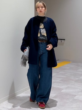 「アイテム（ノーカラーコート、ブルー系）」を使った、松原さん（レディース・153cm）の冬コーディネート