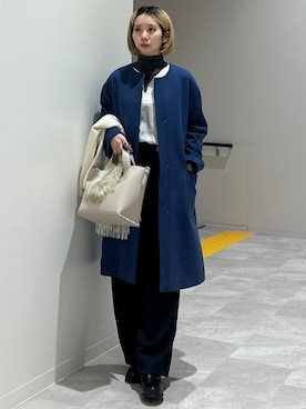 「タートルネック」｜「アイテム（ノーカラーコート）」を使った、松原さん（レディース・153cm）の冬コーディネート
