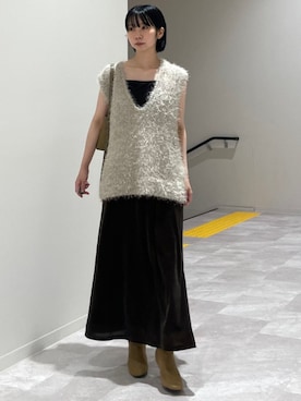 「quaranciel（カランシエル）のquaranciel: スクエアトゥ ローヒール ショート ブーツ（ブーツ）」を使った、松原さん（レディース・153cm）の秋コーディネート