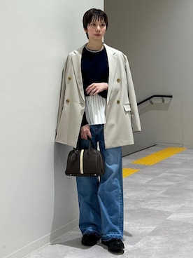 「アイテム（ニット/セーター、ブルー系）」を使った、松原さん（レディース・153cm）の冬コーディネート