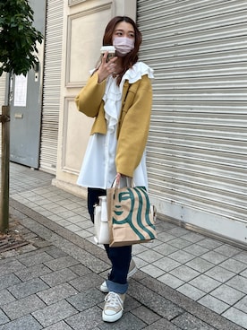 「イエローコーデ」｜「アイテム（ノーカラージャケット）」を使った、NaNaMiさん（レディース・157cm）の冬コーディネート