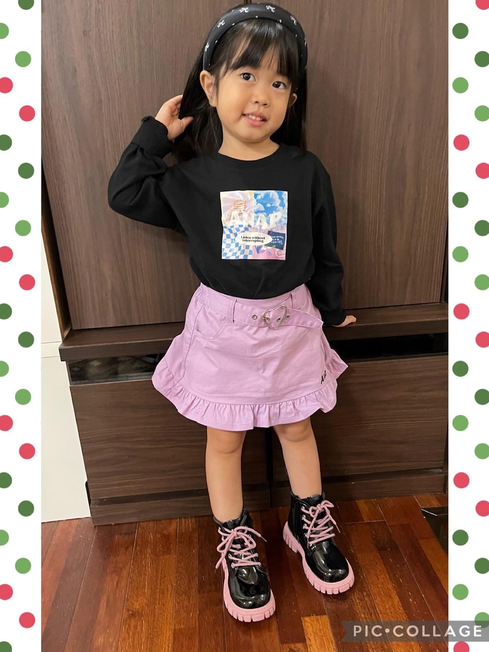 「ANAPKids、4歳女の子、キッズコーデ、shein」｜「ANAP kidsのフォトプリントロンT（Tシャツ/カットソー、ブラック系）」を使った、saraさん（キッズ・126cm）の冬コーディネートの1枚目の写真