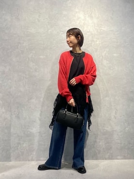 「NANO universe（ナノユニバース）のリネン混テープヤーンジップニットカーディガン（カーディガン/ボレロ、レッド系）」を使った、鈴ゆりかさん（レディース・157cm）の冬コーディネート