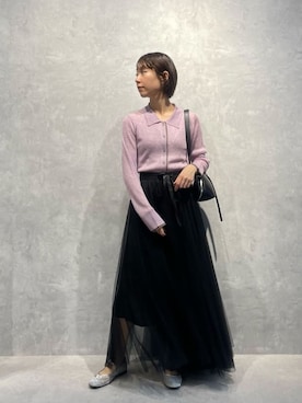 「NANO universe（ナノユニバース）のバイカラーシアーリブ衿付きカーディガン（カーディガン/ボレロ、パープル系）」を使った、鈴ゆりかさん（レディース・157cm）の冬コーディネート