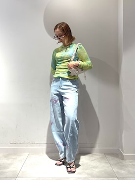 「Desigual（デシグアル）のウォーターカラープリントドレープニット（Tシャツ/カットソー、グリーン系）」を使った、Desigual長島 STAFFさん（レディース・155cm）の夏コーディネート