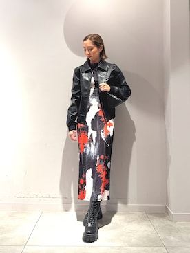 「アイテム（ライダースジャケット）」を使った、Desigual長島 STAFFさん（レディース・155cm）の冬コーディネート