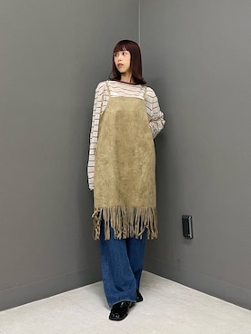 「KBF（ケイビーエフ）のピーチスキンフリンジキャミワンピース（ワンピース、ベージュ系）」を使った、古木　千尋さん（レディース・152cm）の夏コーディネート