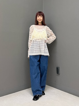 「KBF（ケイビーエフ）のシアーボーダールーズニット（ニット/セーター、ベージュ系）」を使った、古木　千尋さん（レディース・152cm）の夏コーディネート