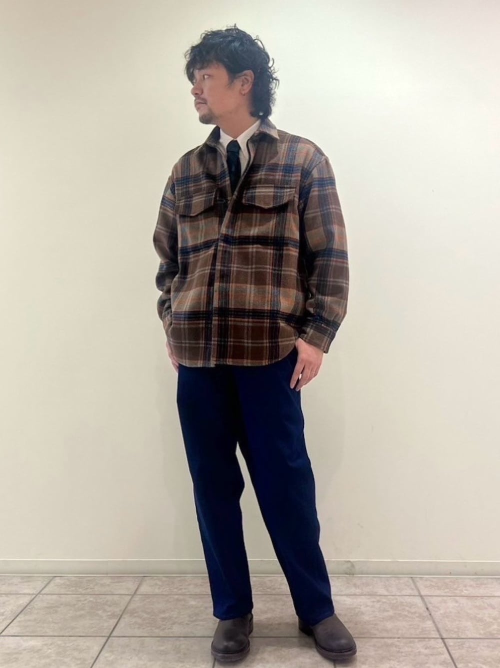 ネクタイシャツ ベスト コーデ ブラウン グリーン チェック長袖 シャツ 古着 ネクタイシャツ ベスト コーデ ブラウン グリーン チェック長袖 シャツ