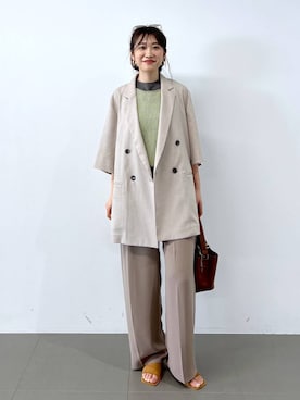 「BABYLONE（バビロン）の【多機能素材】リネンライク半袖ジャケット（テーラードジャケット、ベージュ系）」を使った、RIONさん（レディース・162cm）の春コーディネート