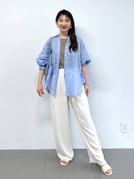 「BABYLONE（バビロン）の【欠品カラー予約】ラミーシアーカシュクールシャツ（シャツ/ブラウス、ブルー系）」を使った、RIONさん（レディース・162cm）の春コーディネート