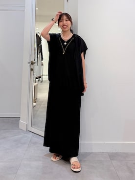 「DouDou（ドゥドゥ）のブークレーダンボールタンクワンピース（ワンピース、ブラック系）」を使った、doudousoraさん（レディース・158cm）の夏コーディネート
