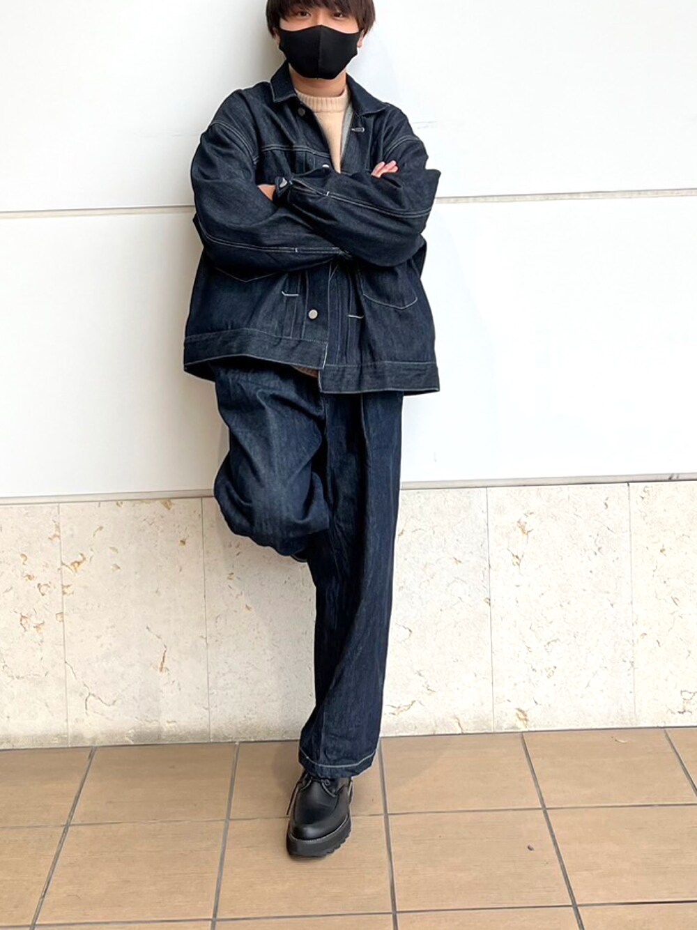 「お洒落さんとつながりたい、メンズファッション、ビックシルエット」｜「WYM LIDNMのアイテム（デニムジャケット、ブルー系）」を使った、doosakai0210【相互】さん（メンズ・162cm）の冬コーディネートの1枚目の写真