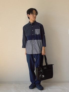 「Arnold Palmer（アーノルドパーマー）のパネル切替 ロールアップ 7分袖 シャツ（Shirts、ホワイト系）」を使った、ヨッピーさん（メンズ・165cm）の春コーディネート
