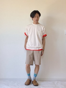 「Arnold Palmer（アーノルドパーマー）のAPクラシック シェア 半袖 Tシャツ（T Shirts、オレンジ系）」を使った、ヨッピーさん（メンズ・165cm）の春コーディネート