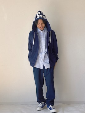 「Arnold Palmer（アーノルドパーマー）のシェア フードロゴ スウェット フルジップパーカー（Hoodies、ブルー系）」を使った、ヨッピーさん（メンズ・165cm）の春コーディネート