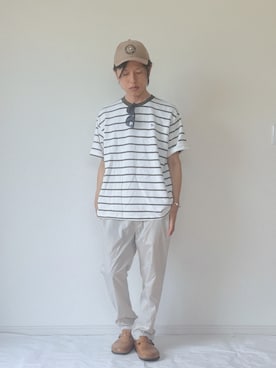 「Arnold Palmer（アーノルドパーマー）のカノコボーダー クルーネック Tシャツ（Tシャツ/カットソー、グリーン系）」を使った、ヨッピーさん（メンズ・165cm）の夏コーディネート