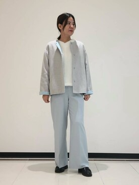 「INDIVI（インディヴィ）の【配色デザイン／ショート丈】ウールリバー ノーカラーコート（ノーカラーコート、グレー系）」を使った、eriさん（レディース・164cm）の冬コーディネート