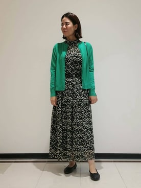 「INDIVI（インディヴィ）の【通年活躍！／アンサンブル可能】クルーネックカーディガン（カーディガン/ボレロ、グリーン系）」を使った、eriさん（レディース・164cm）の秋コーディネート