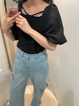 「one after another NICE CLAUP（ワンアフターアナザーナイスクラップ）のモダンスリーブブラウス（シャツ/ブラウス、ブラック系）」を使った、mayukaさん（レディース・157cm）の春コーディネート