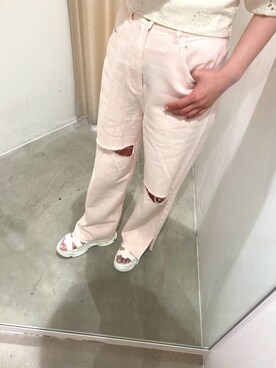 「one after another NICE CLAUP（ワンアフターアナザーナイスクラップ）のダメージワイドパンツ（デニムパンツ、ピンク系）」を使った、mayukaさん（レディース・157cm）の春コーディネート