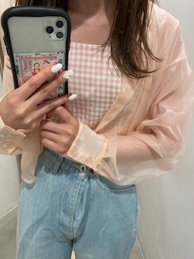 「one after another NICE CLAUP（ワンアフターアナザーナイスクラップ）のビスチェセットシアシャツ（シャツ/ブラウス、ピンク系）」を使った、mayukaさん（レディース・157cm）の夏コーディネート