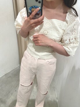 「one after another NICE CLAUP（ワンアフターアナザーナイスクラップ）のダメージワイドパンツ（デニムパンツ、ピンク系）」を使った、mayukaさん（レディース・157cm）の春コーディネート