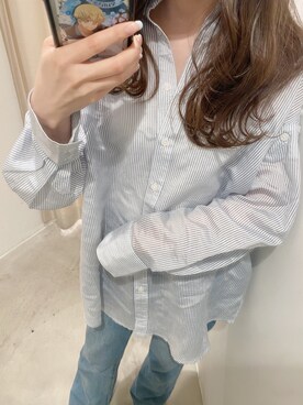 「one after another NICE CLAUP（ワンアフターアナザーナイスクラップ）の肩あきマルチシアーシャツ（シャツ/ブラウス、ブルー系）」を使った、mayukaさん（レディース・157cm）の春コーディネート