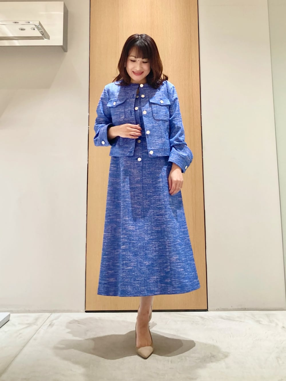「アナイ(ANAYI)、春、おでかけコーデ、ジャケット、ワンピース、ブルー、セットアップ、オトナ女子、オトナカワイイ、フェミニン、オケージョン、入学式、きちんとスタイル、低身長」｜「ANAYIのスラブツイードブルゾン（その他アウター、ブルー系）」を使った、Hasebe.tさん（レディース・154cm）の春コーディネートの1枚目の写真