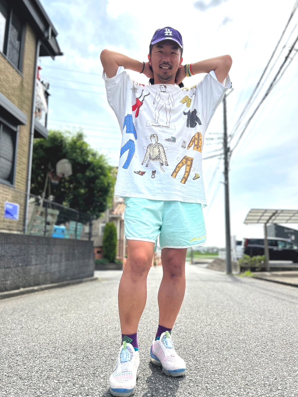「本日のコーデ、おでかけコーデ、JEREMY SCOTT、adidas、adidas originals、adidas Originals by JEREMY SCOTT、春コーデ、春夏コーデ、春カラー、春色、夏コーデ、NIKE、sneakers、challenger」｜「ELDORESOのアイテム（ソックス/靴下、ブルー系）」を使った、kakakanbaさん（メンズ・173cm）の春コーディネートの1枚目の写真