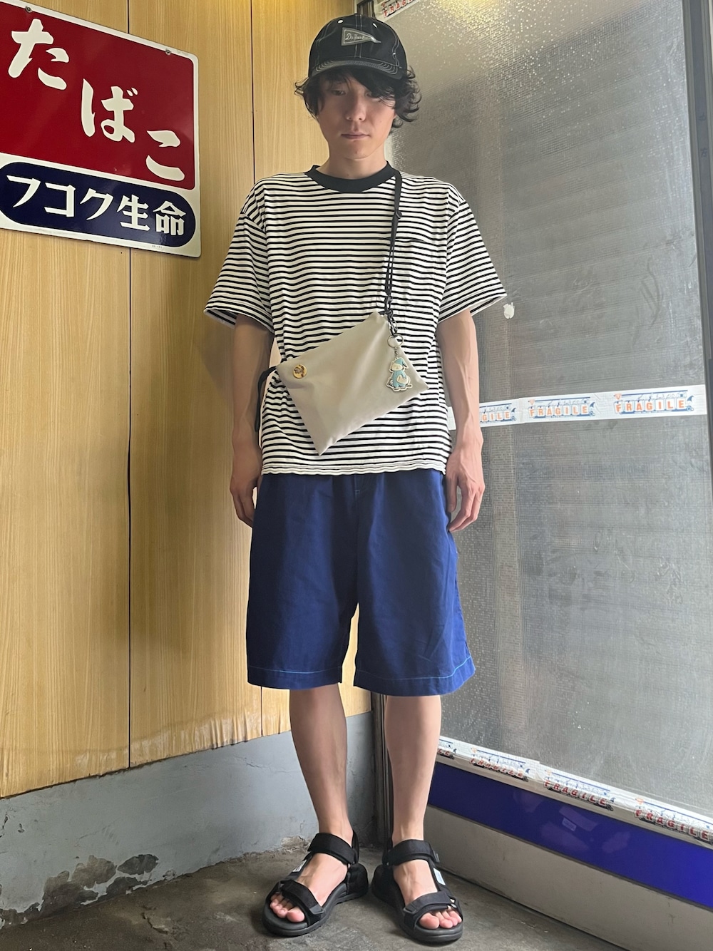 「デートスタイル（MEN）、古着MIX、夏コーデ、ハーフパンツ」｜「無印良品のアイテム（Tシャツ/カットソー、その他）」を使った、K-BUMPさん（メンズ・171cm）の夏コーディネートの1枚目の写真