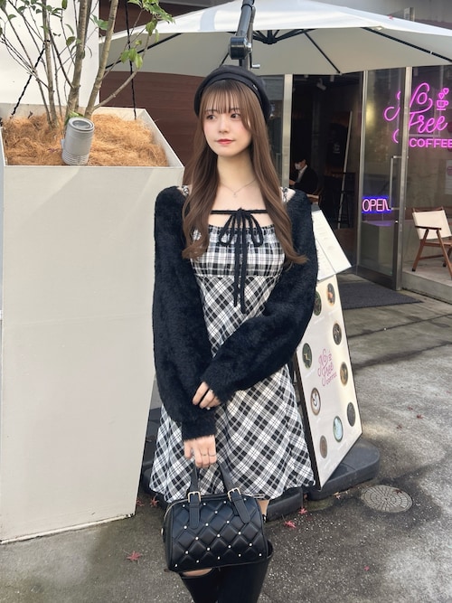 フェザーボレロニット＋チェック柄ミニキャミワンピースセット