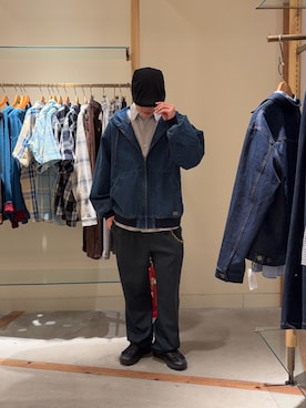 「CIAOPANIC TYPY（チャオパニックティピー）の【UNISEX】アソート素材フードジャケット/デニムジャケット/アクティブジャケット（デニムジャケット、ブルー系）」を使った、サハシタカヤさん（メンズ・172cm）の春コーディネート