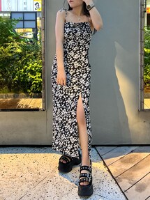 evris ワンピース 花柄 オールインワン EVRIS 【WEB限定】フラワーキャミロングワンピース（ブラック