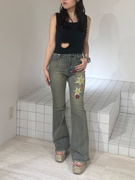 「刺繍デニム」｜黒石夏帆さん（レディース・155cm）の夏コーディネート