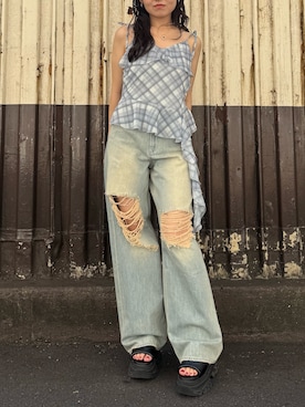 「ハイウエストデニム」｜黒石夏帆さん（レディース・155cm）の夏コーディネート